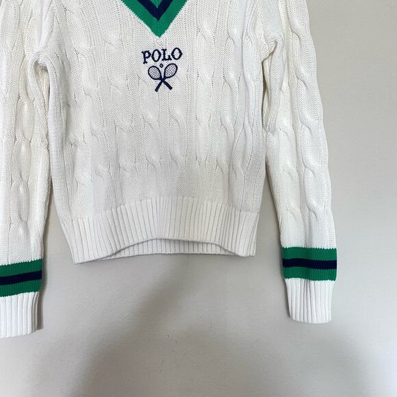 RALPH LAUREN POLO WIMBELDON APPLIQUÉD EMBROIDERED CABLE KNIT COTTON Sweater sz M - Picture 9 of 9